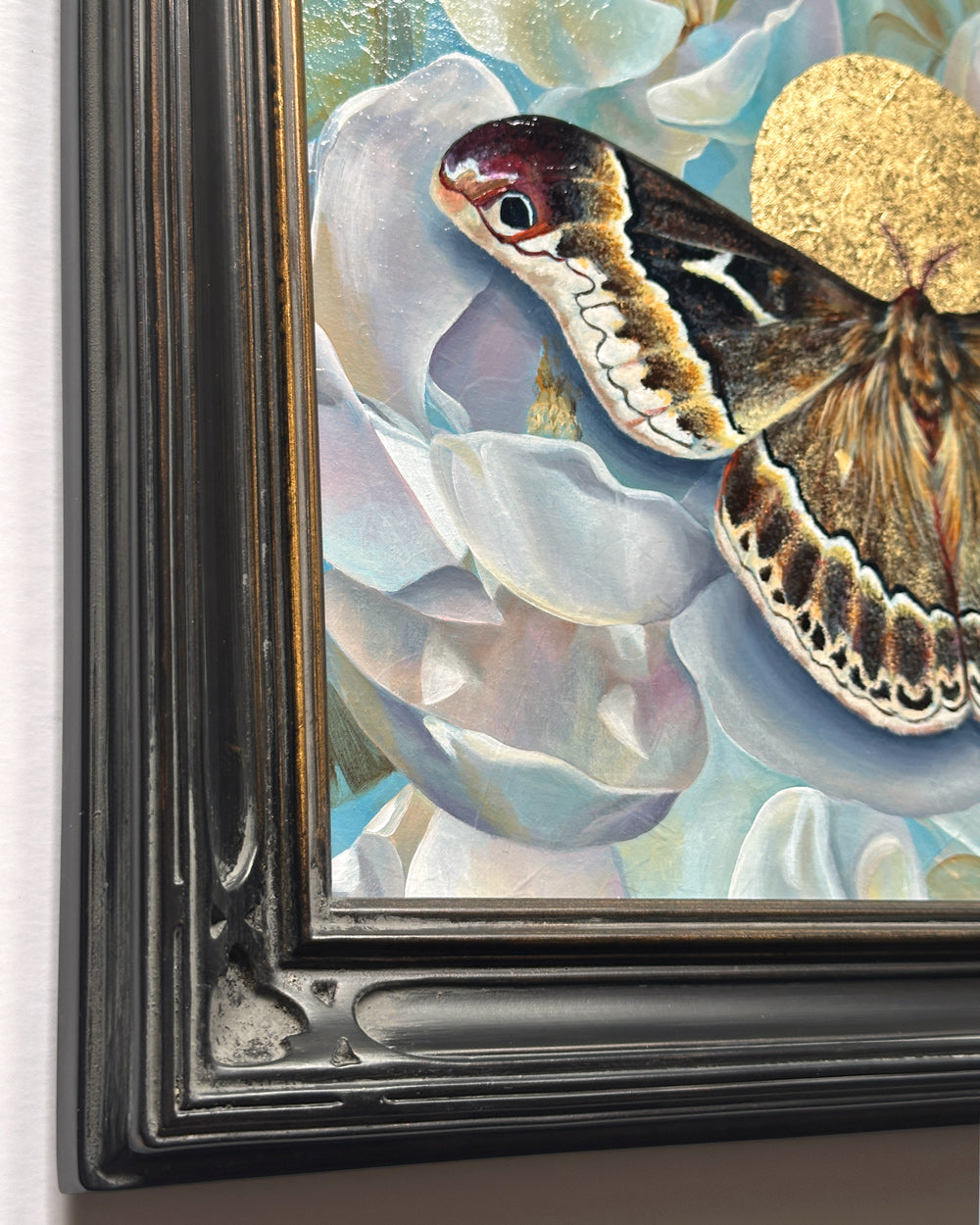 sweetbay silkmoth magnolia painting in black frame detail