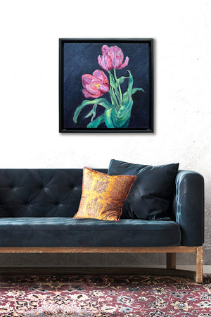 pink tulips oil painting framed on wall