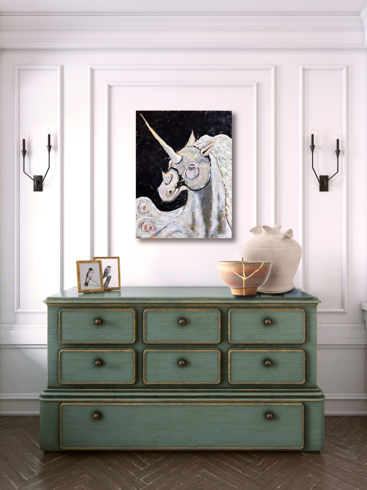 unicorn painting hanging on wall