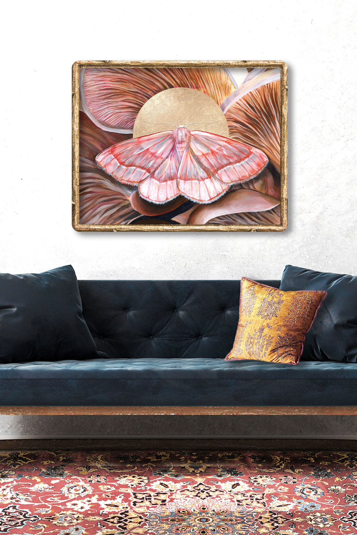 &#39;Unity&#39; barred red moth and oyster mushroom art print on wall
