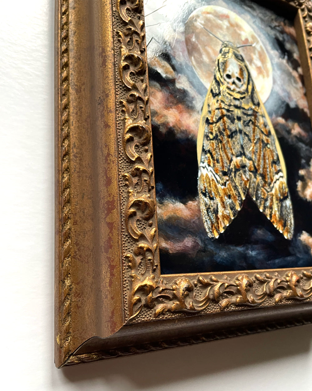 death&#39;s head moth full moon painting ornate frame detail