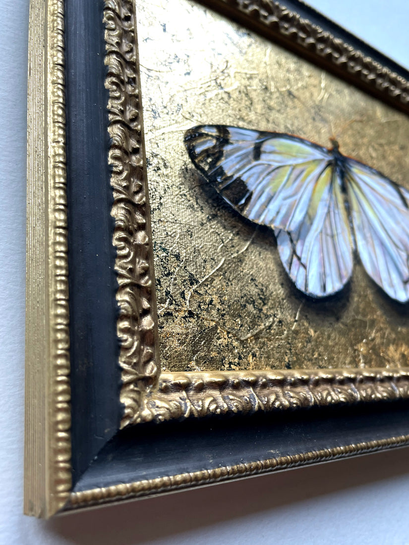 white butterfly painting gold frame detail