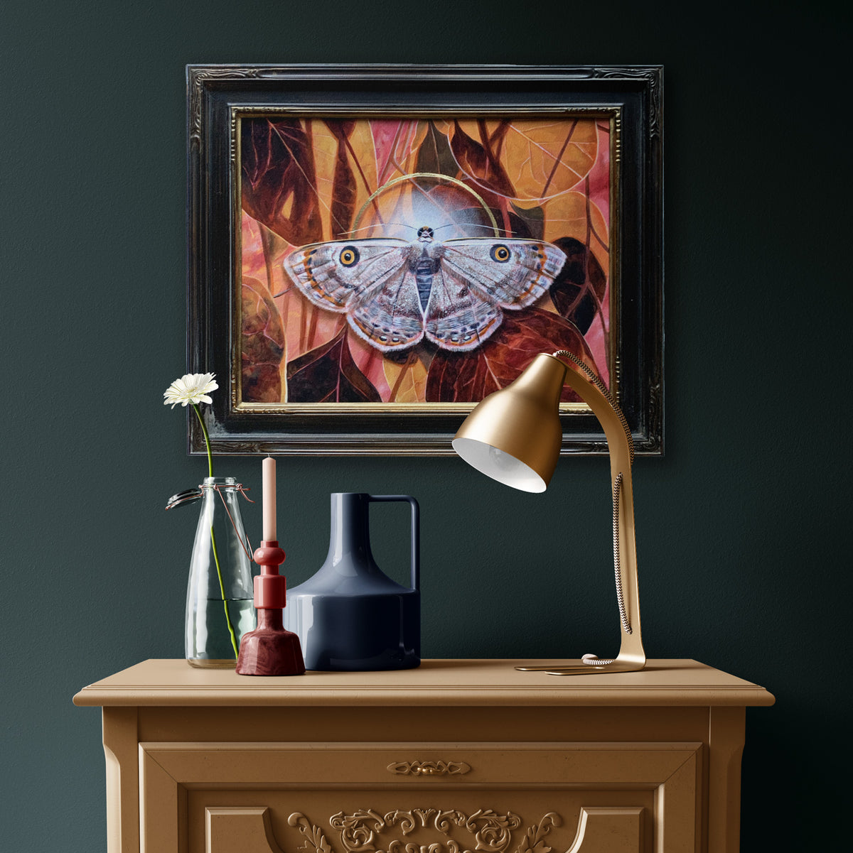 &#39;Shimmer&#39; white argyrotome moth painting with autumn leaves on green wall