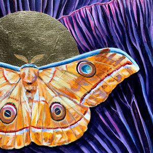 Japanese oak silkmoth purple mushroom painting gold leaf halo detail