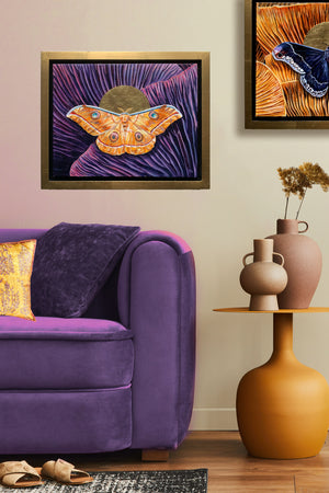 Japanese oak silkmoth purple mushroom painting in gold float frame hanging on wall over sofa