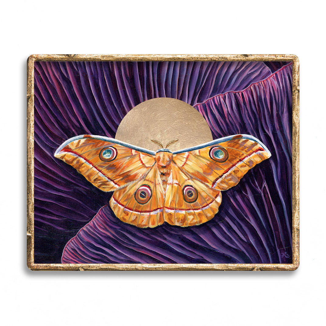 &#39;Wholeness&#39; japanese oak sillkmoth yellow moth and purple mushroom art print