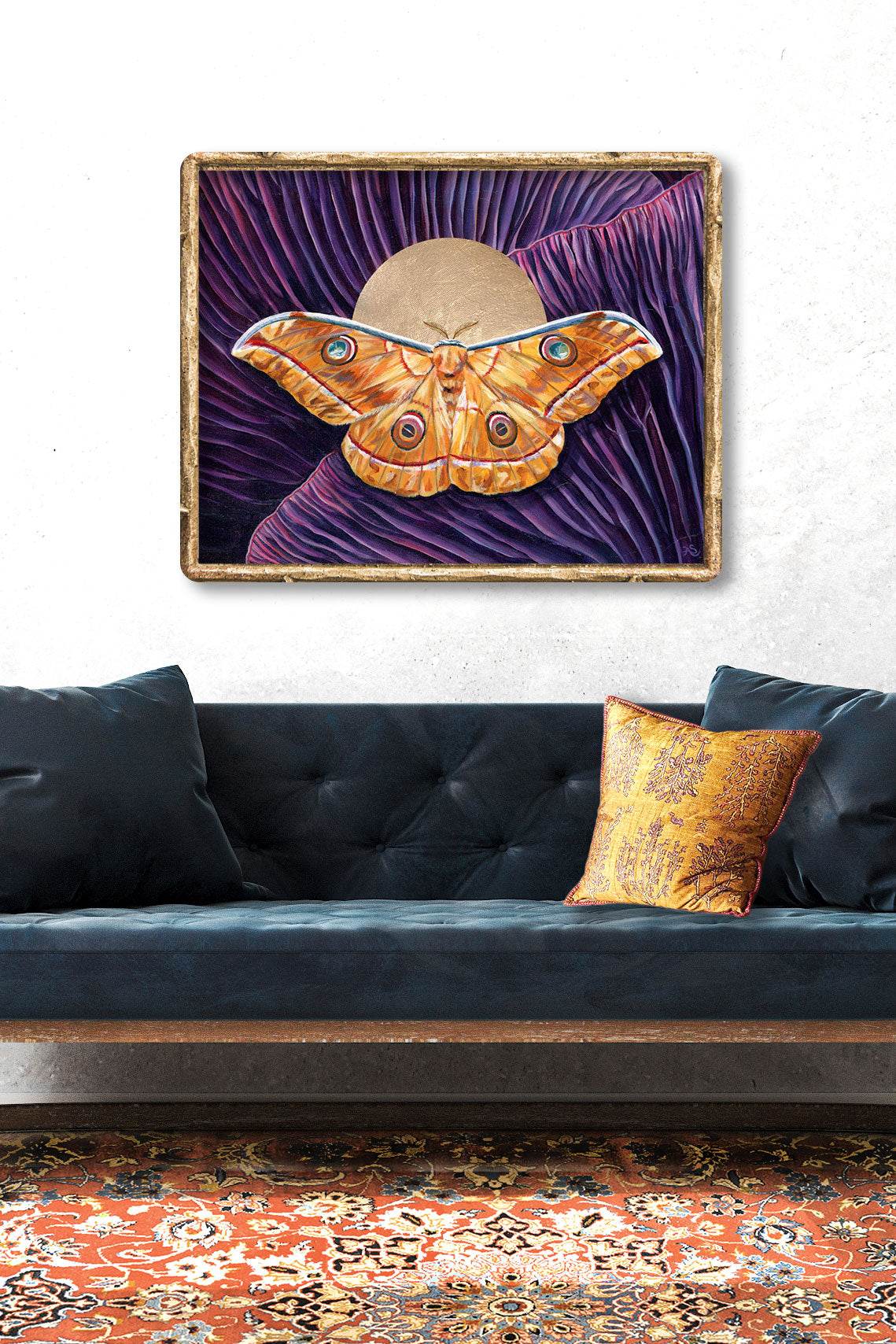 &#39;Wholeness&#39; japanese oak sillkmoth yellow moth and purple mushroom art print framed on wall