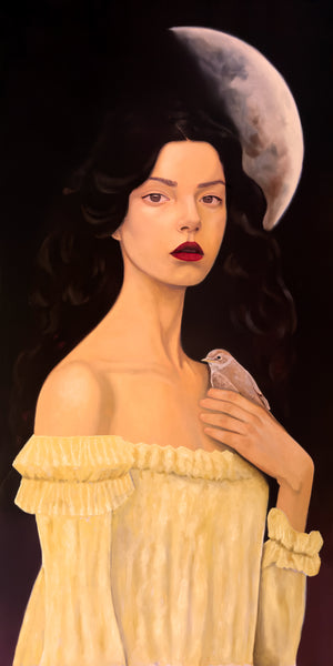 "Wild Magic Hums Behind Her Eyes" Woman holding a bird with a moon Oil Painting detail by Danny Gordo