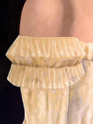 "Wild Magic Hums Behind Her Eyes" Woman holding a bird with a moon Oil Painting dress detail by Danny Gordo