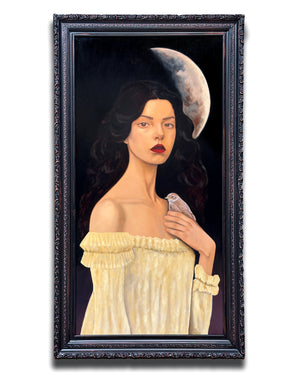 "Wild Magic Hums Behind Her Eyes" Woman holding a bird with a moon Oil Painting in ornate frame by Danny Gordo