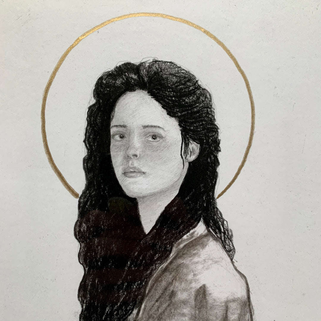 woman portrait charcoal drawing with halo face detail