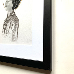 joyful woman portrait drawing black frame