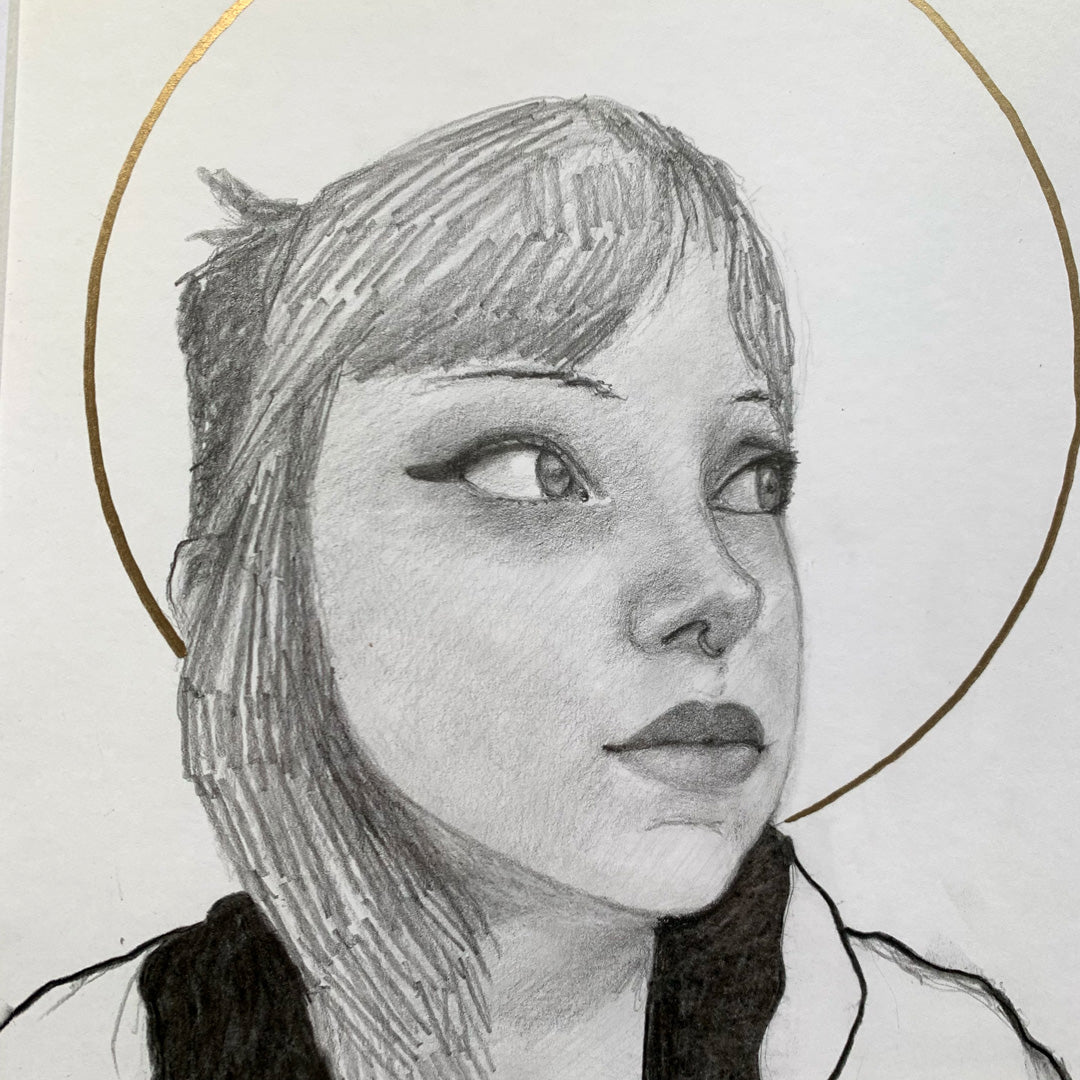 young woman portrait drawing with halo face detail
