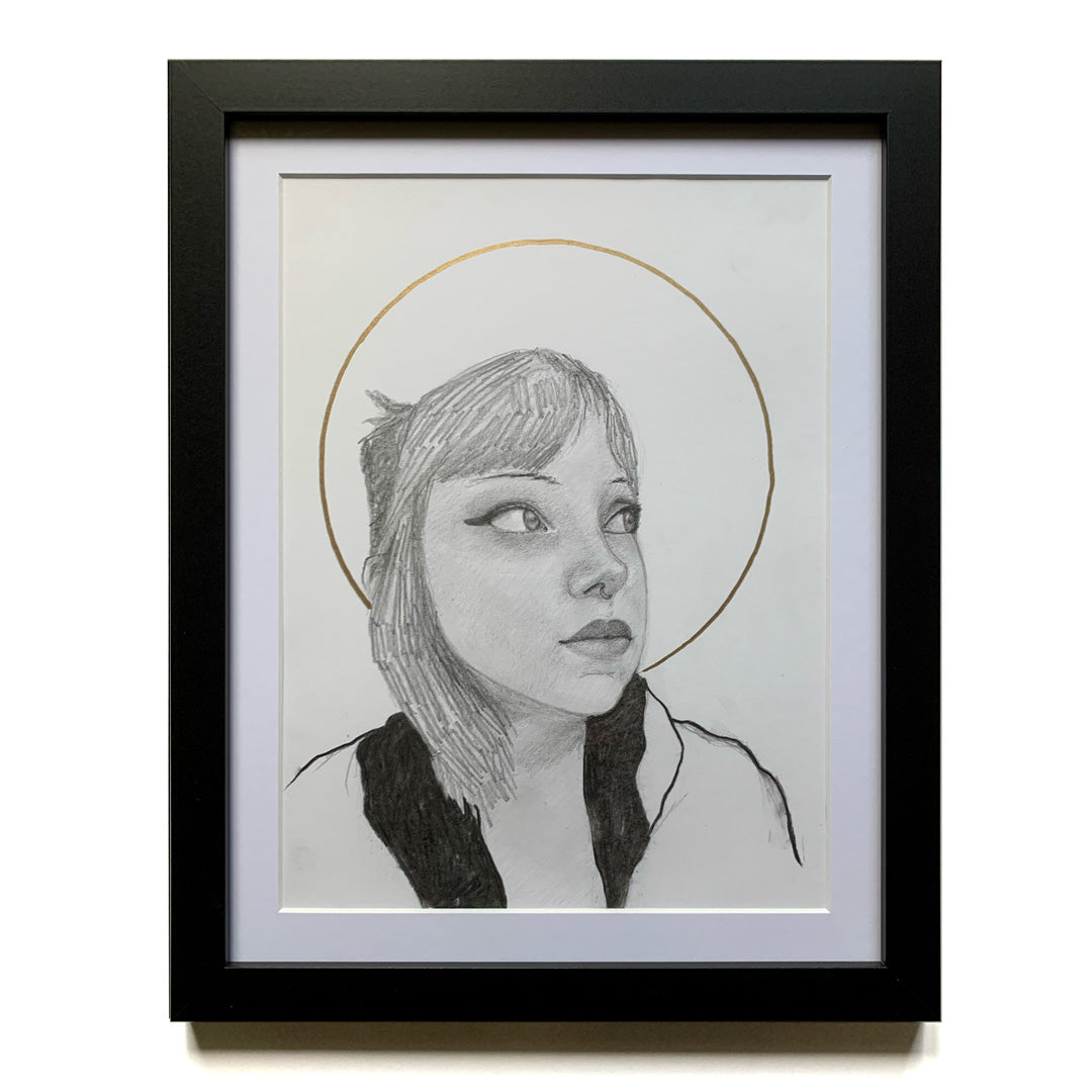 young woman portrait drawing with halo