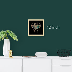 10 inch square framed gold foil insect art print, natural maple wood
