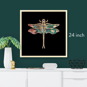 24 inch square framed gold foil dragonfly art print, natural maple wood
