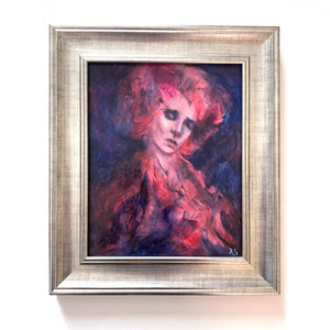Our Hands Are Blistered Blooms - emotional art colorful blue, pink, red acrylic painting in silver frame by Aimee Schreiber
