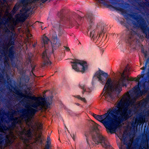 Our Hands Are Blistered Blooms - emotional art colorful blue, pink, red painting portrait female face detail by Aimee Schreiber