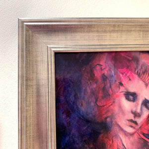 Our Hands Are Blistered Blooms - emotional art colorful blue, pink, red acrylic painting silver frame detail by Aimee Schreiber