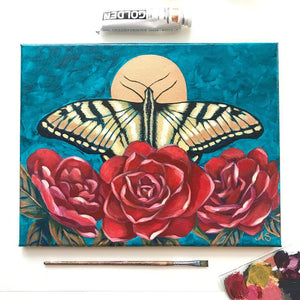 Butterfly Garden Original acrylic painting by Aimee Schreiber copper paint, red roses, yellow swallowtail