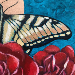 Butterfly Garden Original acrylic painting by Aimee Schreiber copper paint, red roses, yellow swallowtail