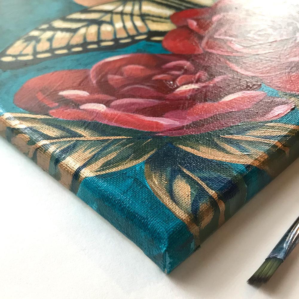 Butterfly Garden Original acrylic painting by Aimee Schreiber copper paint, red roses, yellow swallowtail side view