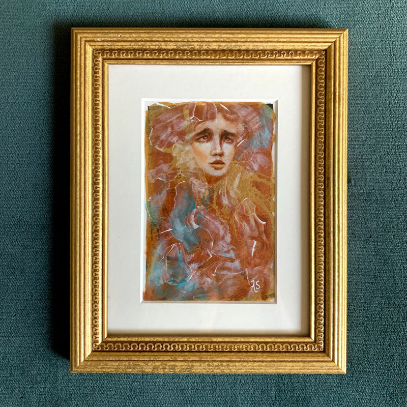 Candles crystals canyons emotional art metallic acrylic painting in gold frame on teal wall Aimee Schreiber