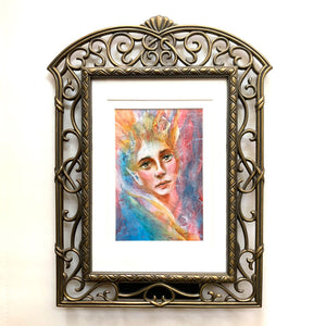 Creatures captives colors emotional art colorful acrylic painting elf in ornate vintage brass frame aimee schreiber 