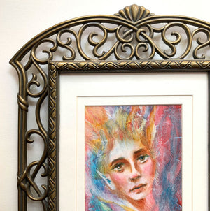 Creatures captives colors emotional art colorful acrylic painting elf in ornate vintage brass frame detail aimee schreiber 