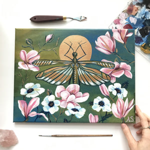 copper insect garden original painting by Aimee Schreiber, acrylic on canvas 11x14 magnolia grasshopper anenome flowers