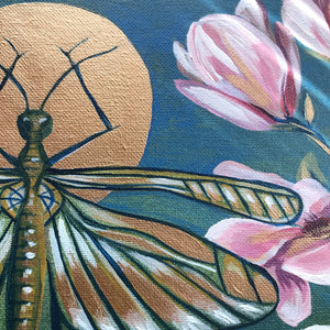 copper insect garden original painting by Aimee Schreiber, acrylic on canvas 11x14 magnolia grasshopper anenome flowers detail
