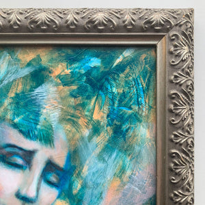 'Our Skin is Melted Moons' emotional art teal, yellow, green colorful acrylic painting of female face with butterfly wings in antique silver frame detail by aimee schreiber