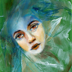 We are rivers and rain emotional art colorful green and blue acrylic painting portrait detail by Aimee Schreiber