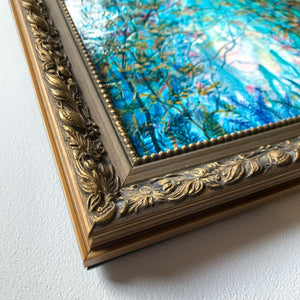 abstract landscape painting forest portal teal vintage gold frame detail