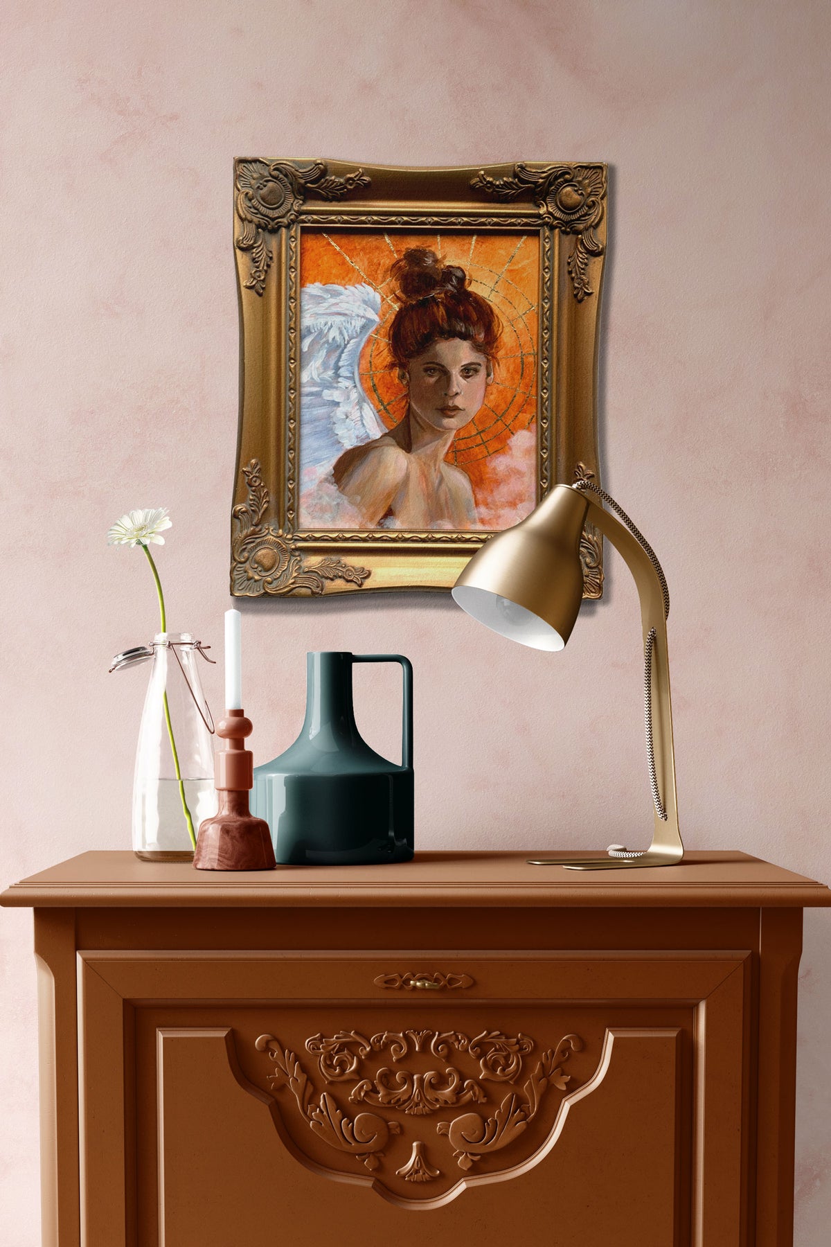 angel painting in antique gold frame on bedroom wall