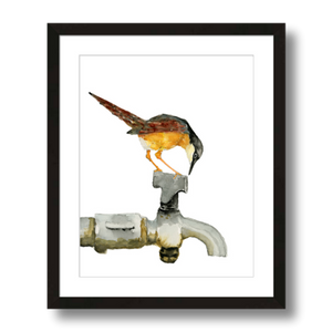 ashy prinia bird on faucet art print framed 11x14