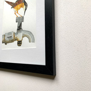 ashy prinia bird on faucet watercolor painting black frame