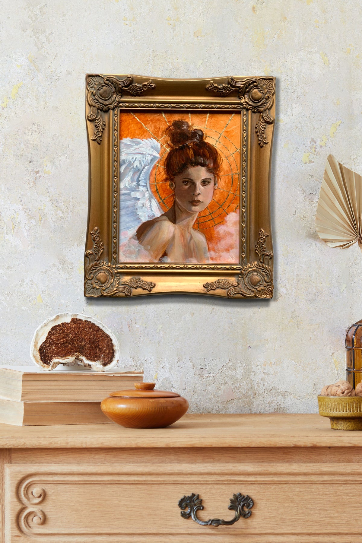 beautiful angel painting in vintage gold frame 