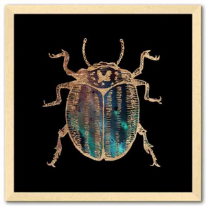 16 inch square Gold Foil Galactic potato Beetle Fine Art Print by Aimee Schreiber, galaxy gold leaf ink with natural maple wood frame