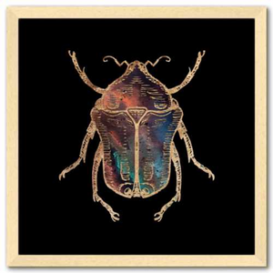 16 inch square Gold Foil Galactic June Beetle Fine Art Print by Aimee Schreiber, galaxy gold leaf ink with natural maple wood frame