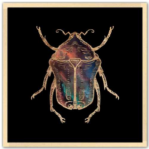 24 inch square Gold Foil Galactic June Beetle Fine Art Print by Aimee Schreiber, galaxy gold leaf ink with natural maple wood frame