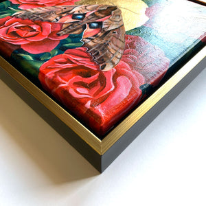 blinded sphinx moth and red roses painting gold float frame