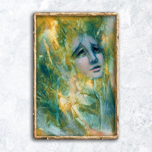 surreal art - blue green gold mystical face portrait fine art print in gold frame