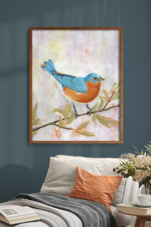 blue bird art print framed on wall