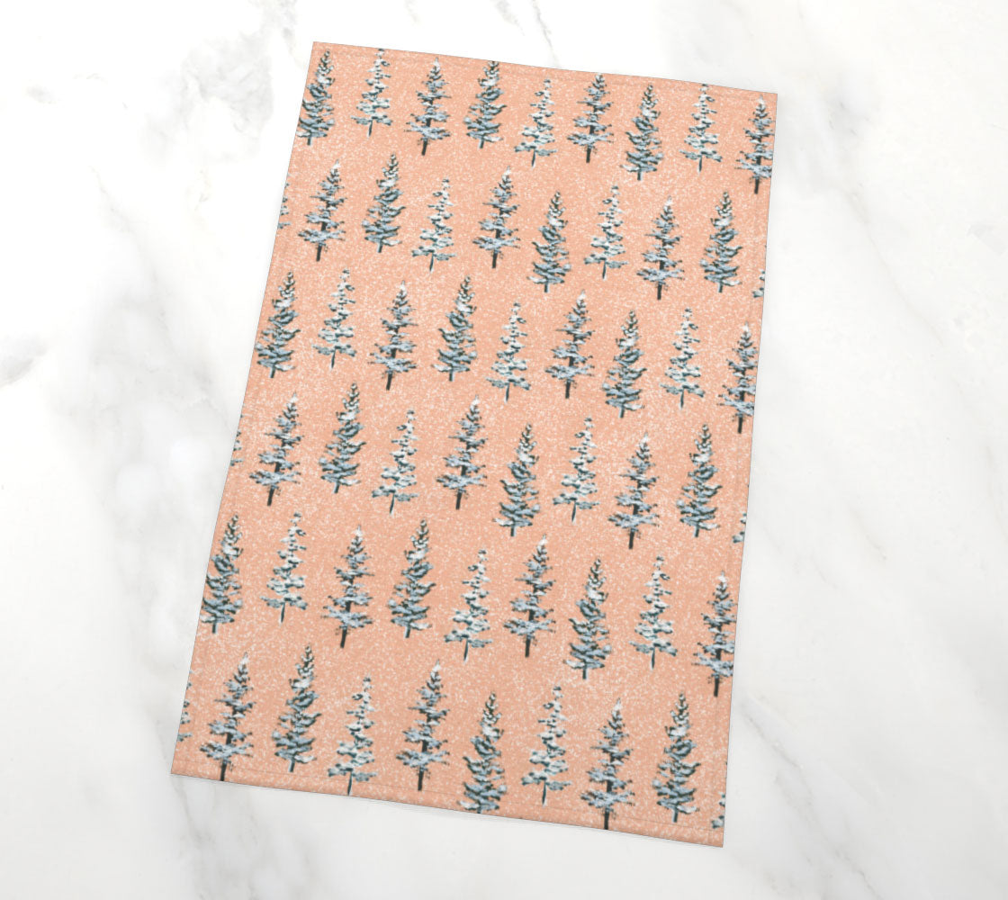 blush winter snow evergreen trees tea towel