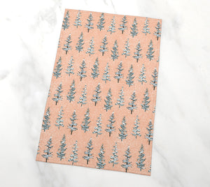 blush winter snow evergreen trees tea towel