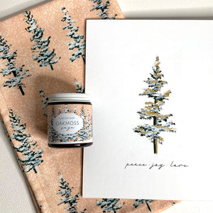 blush winter evergreen trees tea towel candle art print gift set