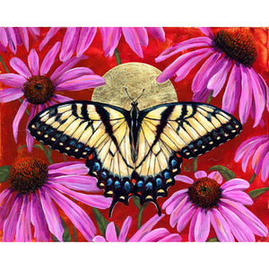 butterfly art print yellow swallowtail butterfly and purple echinacea flowers with gold and red