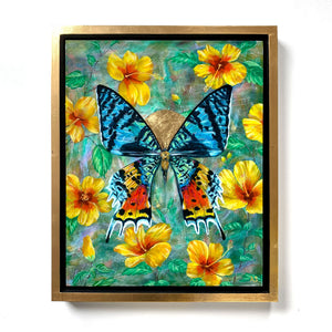 butterfly painting madagascan sunset moth yellow hibiscus in gold float frame