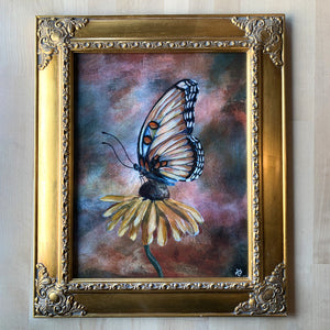 ethereal butterfly yellow flower embellished art print in antique gold frame by Aimee Schreiber